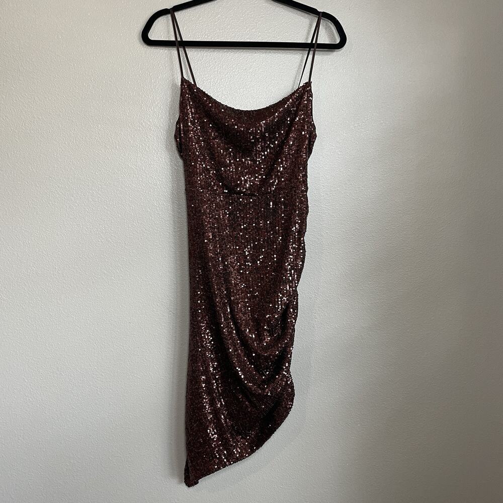 Express Sequin Dress Brown Size XS Spaghetti Strap Party Stretchy Asymmetrical